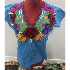Mexican Embroidered Huipil Floral Boho Folk  Oaxaca Style Fiesta Cottagecore Top
